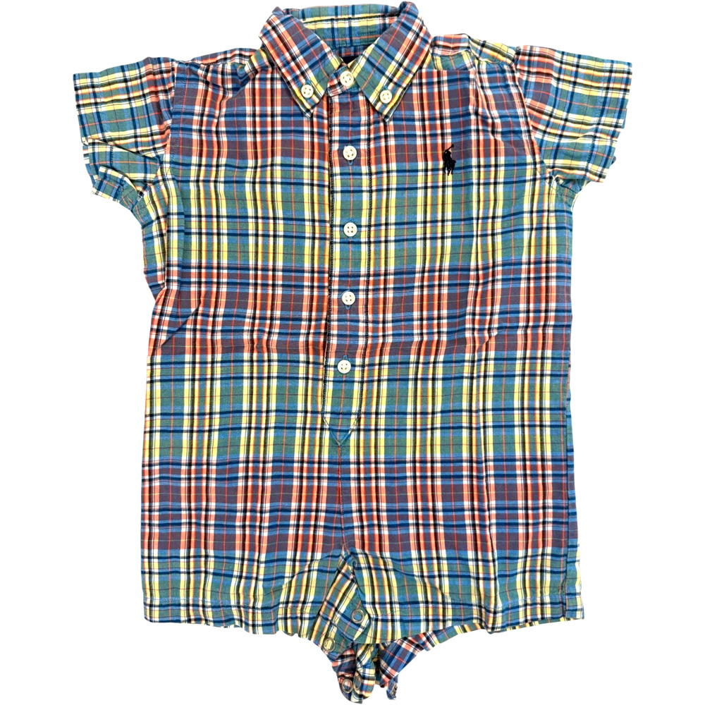Vintage RALPH LAUREN 12m Baby Toddler Romper Madras Plaid Navy Pony Snap Bottom